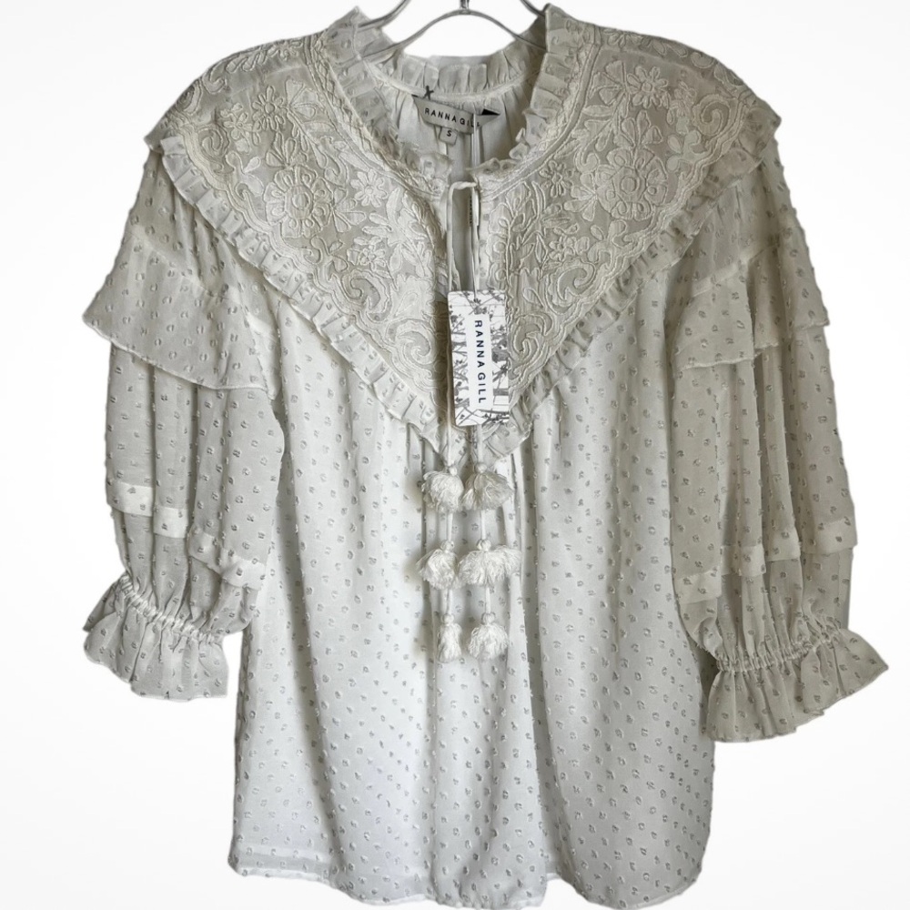 Ranna Gill White Alice Pleasant Yoke Blouse Tassel Lace Embroidered Size Small